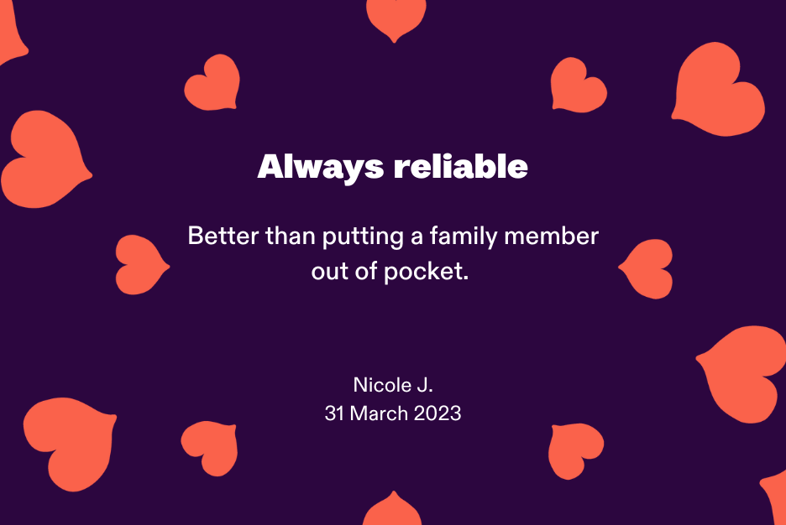Testimonial from customer named Nicole J., dated 31 March 2023. The testimonial says: Always reliable. Better than putting a family member out of pocket.