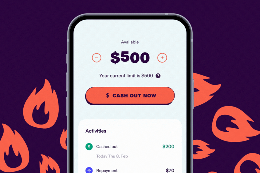An image of the Cash Out screen in the Beforepay app where the available amount is animated to scroll from $500 to $200. 