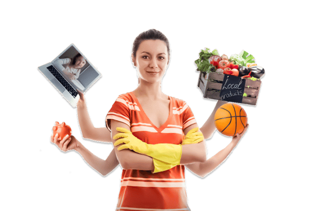 Graphic showing a girl with many hands holding different items.