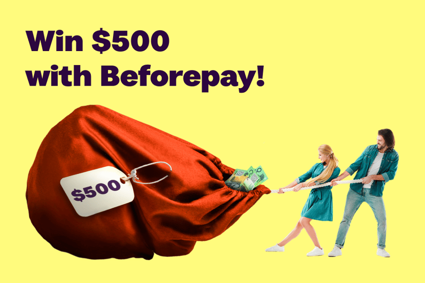 A man and woman pulling a red bag with a $500 label on it and the tagline "Win $500 with Beforepay!"