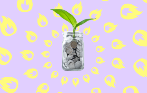 a glass filled with coins and a plant growing out of it. 