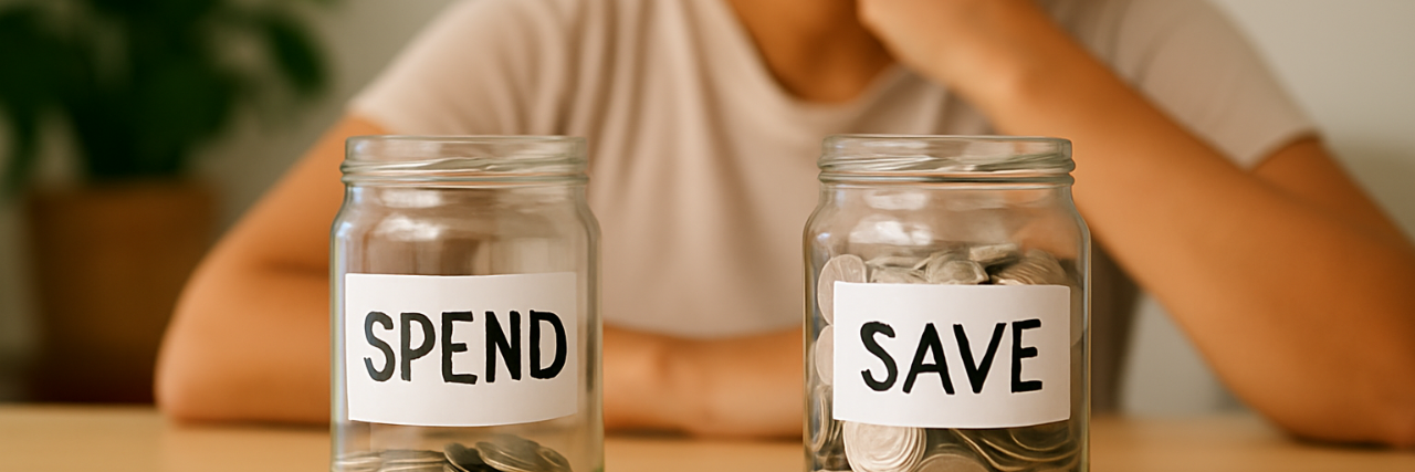 Woman deciding how to use her tax refund with jars labeled spend and save.