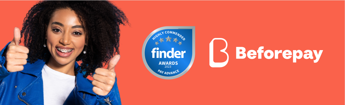 A girl with a thumbs up sign with a logo of Beforepay and Finder Award.